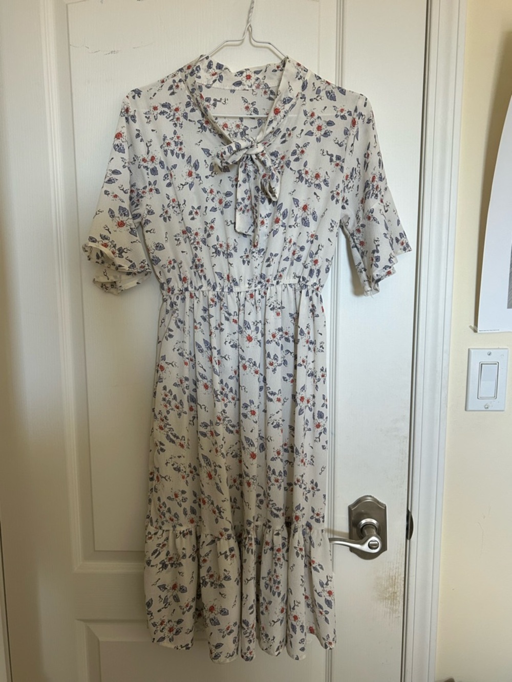 NWOT Floral Tie-Neck Midi Dress in Cream with Blue & Red Accents